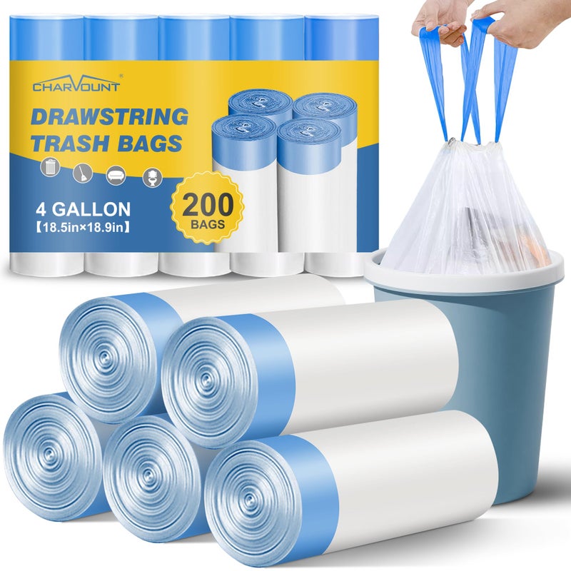 Charmount Small Trash Bags 4 Gallon, 200 Count Drawstring Mini Garbage Bags, Plastic Trash Can Liners for Bathroom Accessories, Bedroom, Dorm Room Essentials, Office - Image 1
